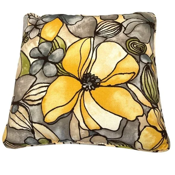 16" Modern Floral Throw Pillow Yellow Gray Black Flower Cotton Square Cushion - Picture 3 of 6